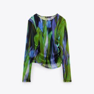 ZARA Printed Tulle Top | Green | Size S